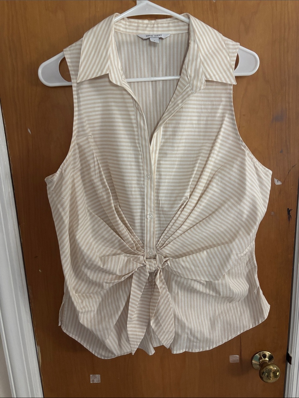 Nine West Cream and White Striped Tie-Front Sleeveless Button Down